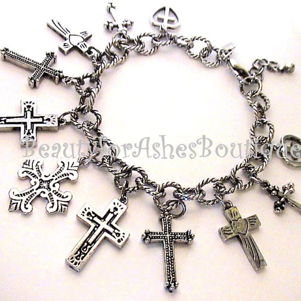 BFA Womens Girls Multi Ornate 11 Cross Charms Link Silver Heart Love Bracelet - Picture 10 of 13